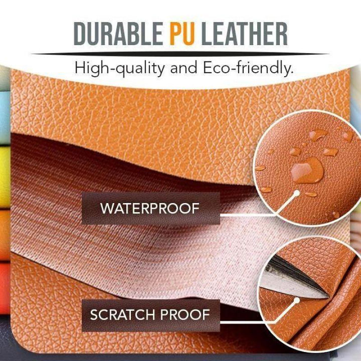 Durable leather repair patch applied to a damaged car seat surface