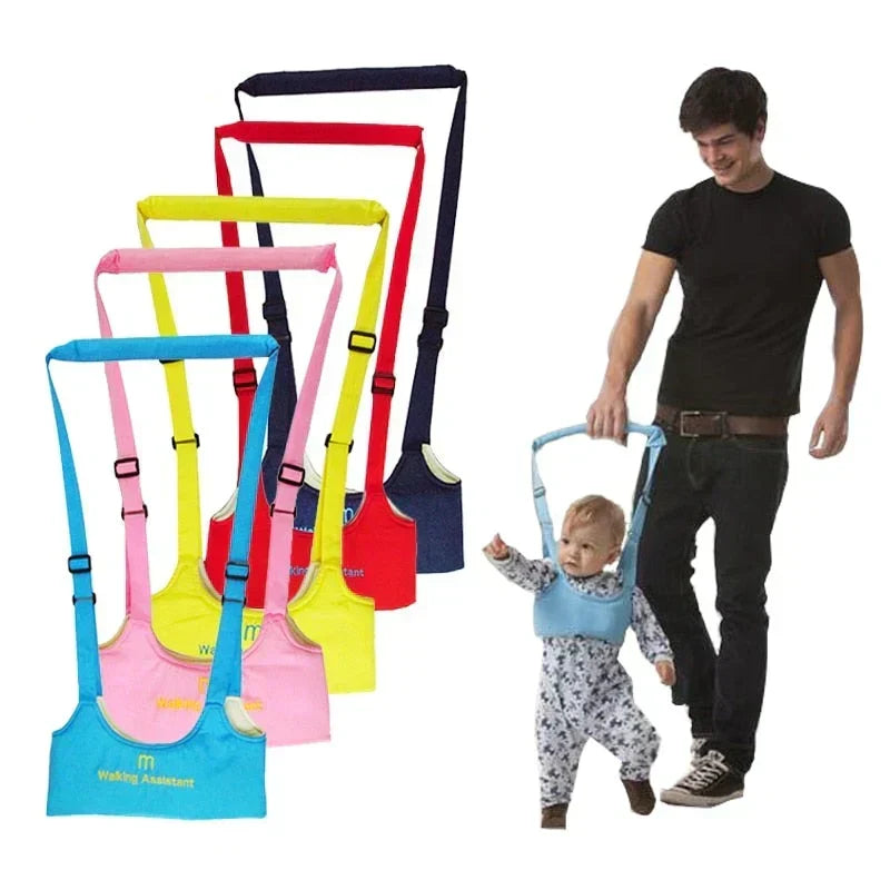 Display of multiple colored baby walking safety harnesses lined up next to a walking toddler