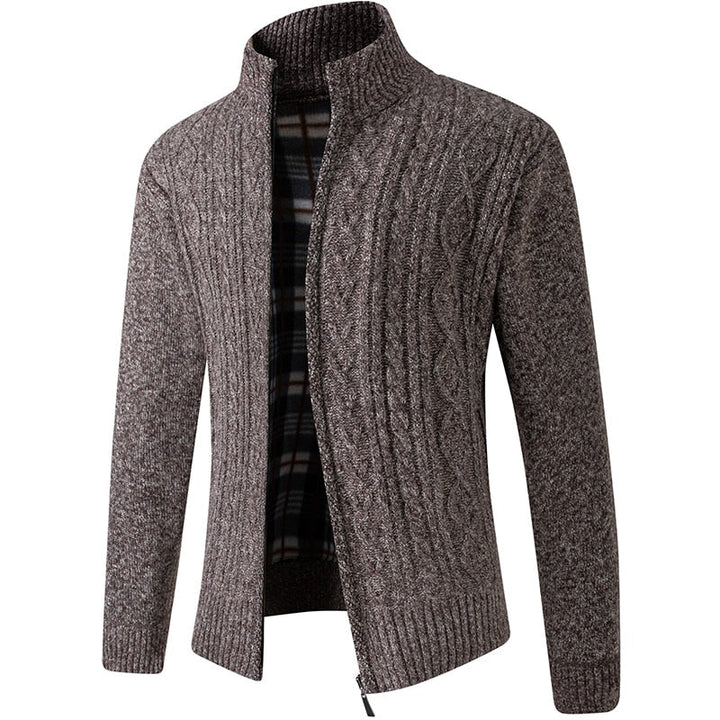 Angled full shot of mens casual clothing lined knitted cardigan