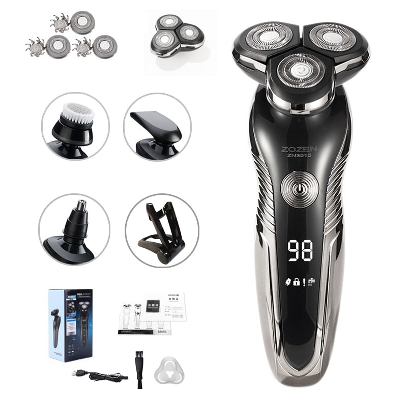 Mens personal care wet and dry electric shaver demonstrating waterproof use in the shower