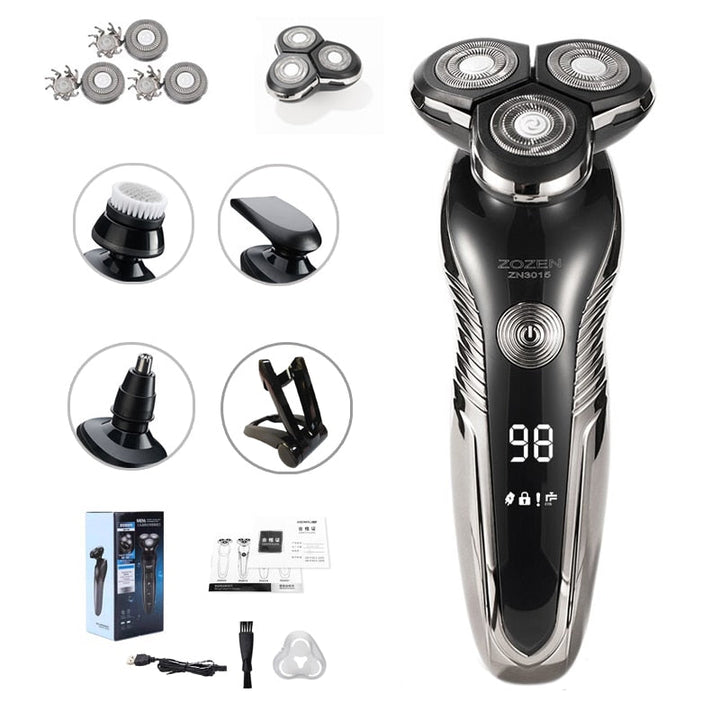 Mens personal care wet and dry electric shaver demonstrating waterproof use in the shower