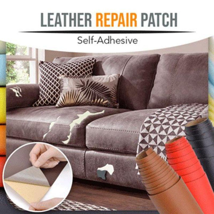 Close-up view of a hand peeling the protective backing off a brown leather repair patch