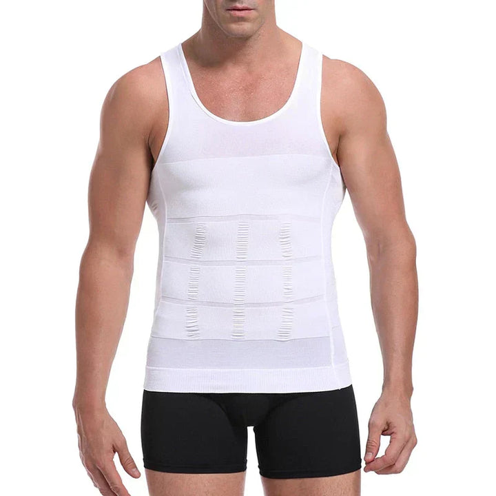 Man wearing a white men's compression undershirt with sculpting design