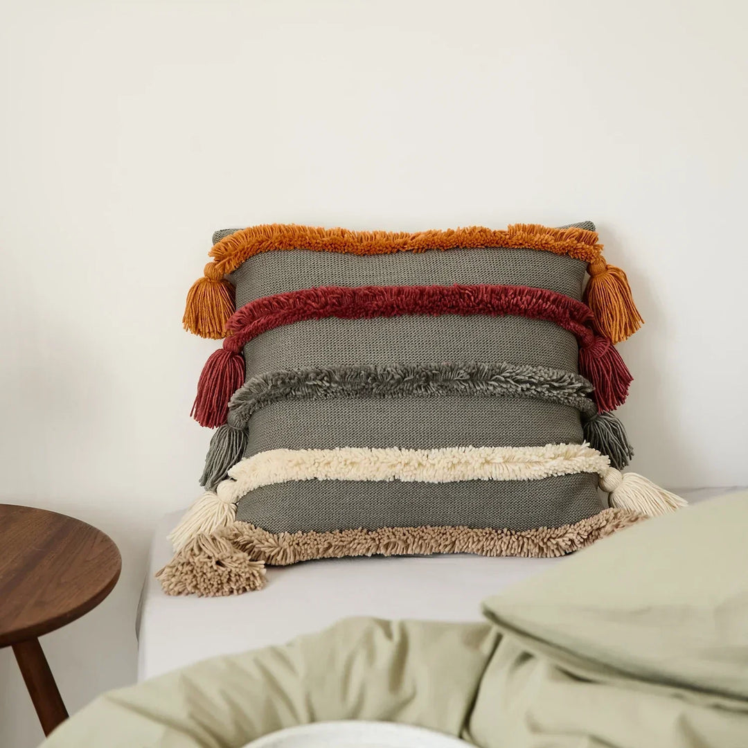 Stylized view of boho striped cushion cover as a stylish home decor accessory