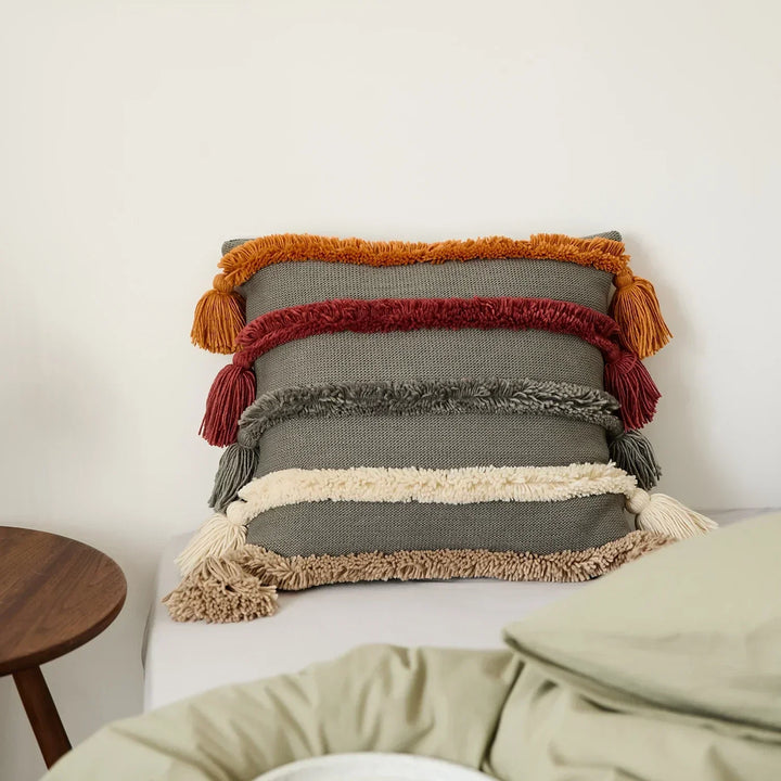 Stylized view of boho striped cushion cover as a stylish home decor accessory