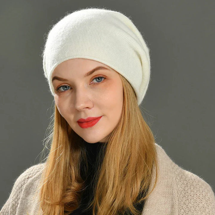 Close-up view of soft knit texture on a women's beanie