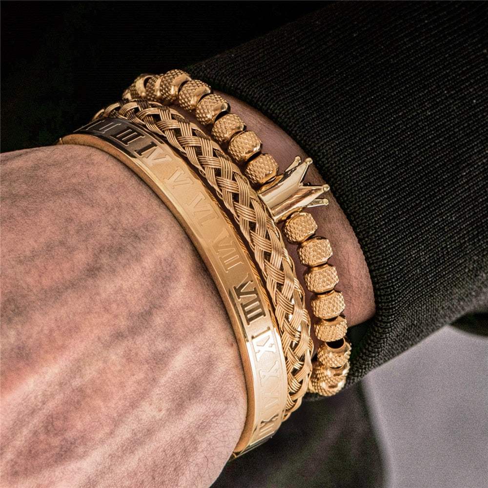 Mens silver crown bracelet featuring sparkling cubic zirconia stones