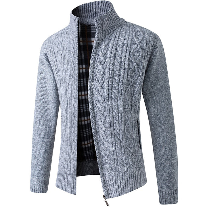 Men's charcoal grey lined zip-up knitted cardigan front view