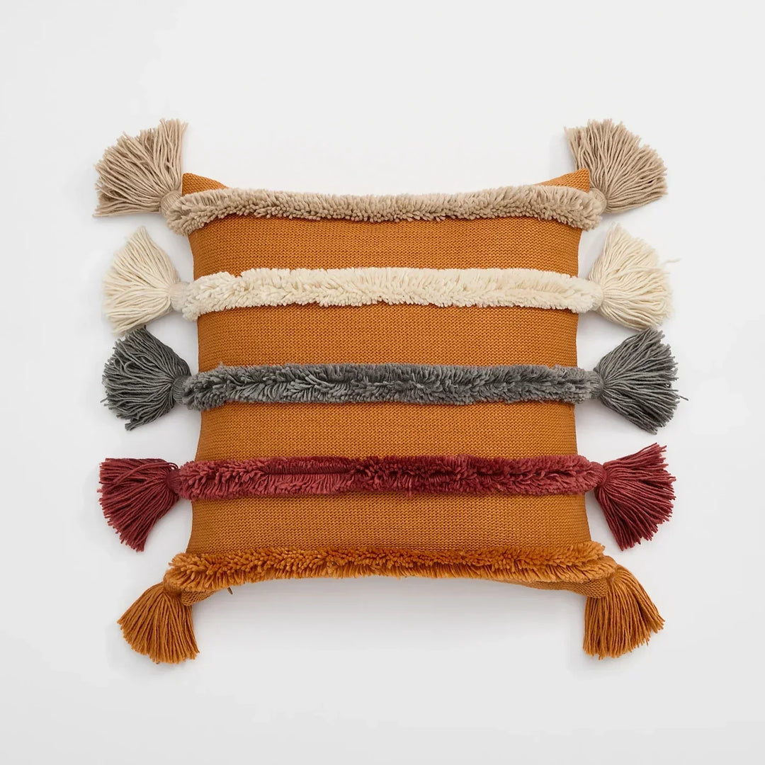 Boho striped cushion cover with textured fringe, perfect for living room sofa decor