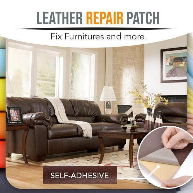 Leather repair patch advertisement showing application on a living room sofa