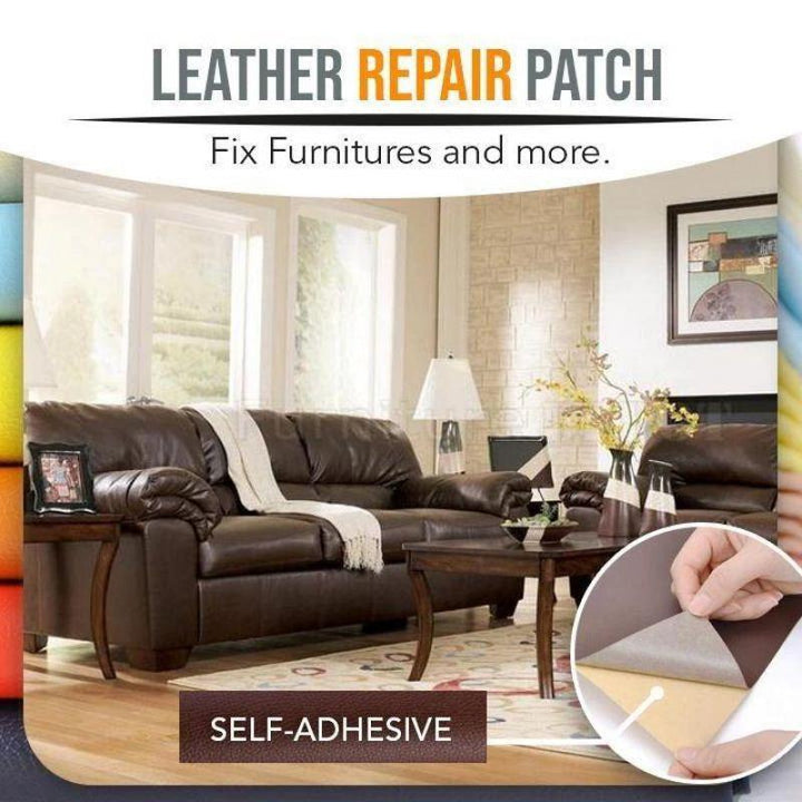 Leather repair patch advertisement showing application on a living room sofa