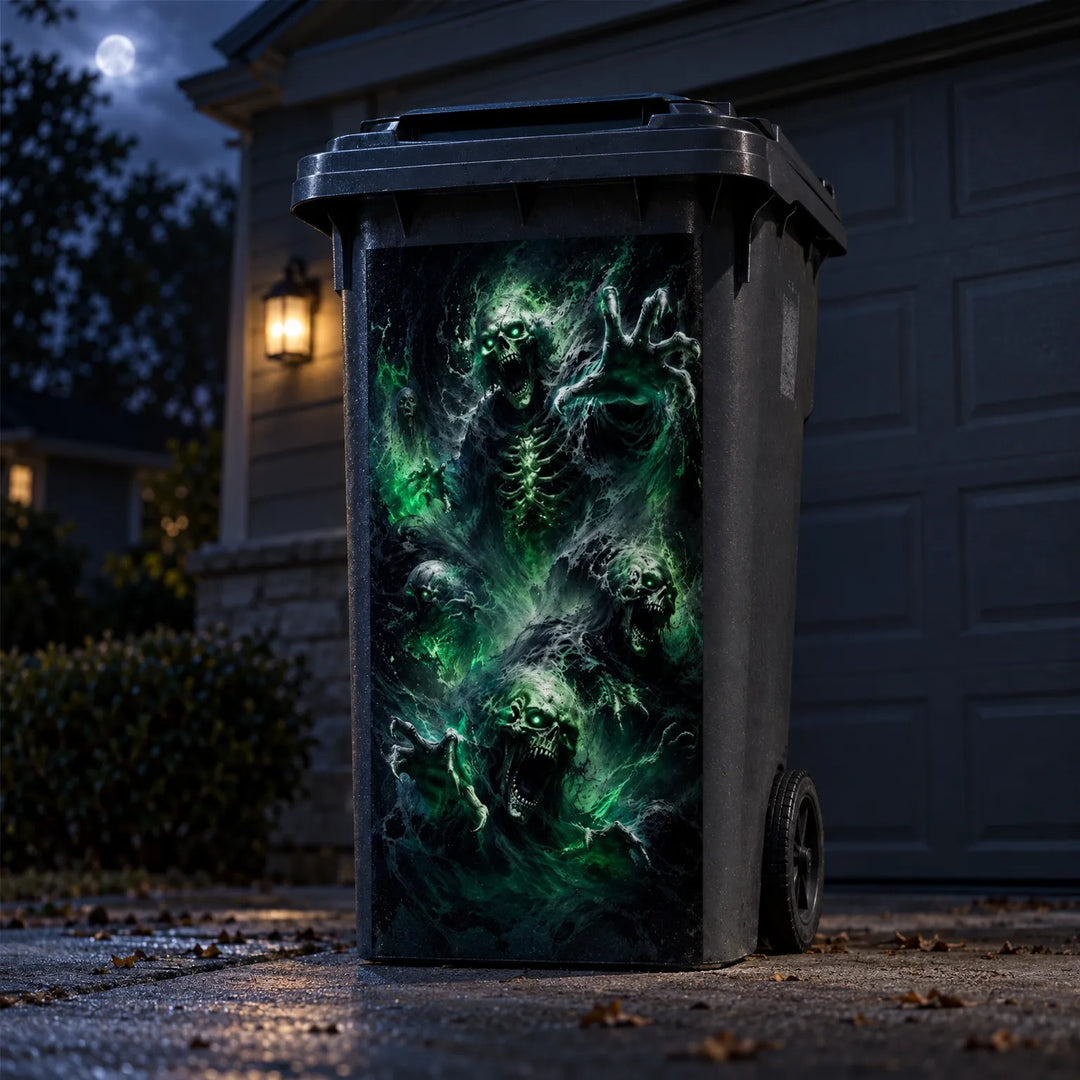 Grim reaper horror graphic sticker applied to an outdoor wheelie bin at night