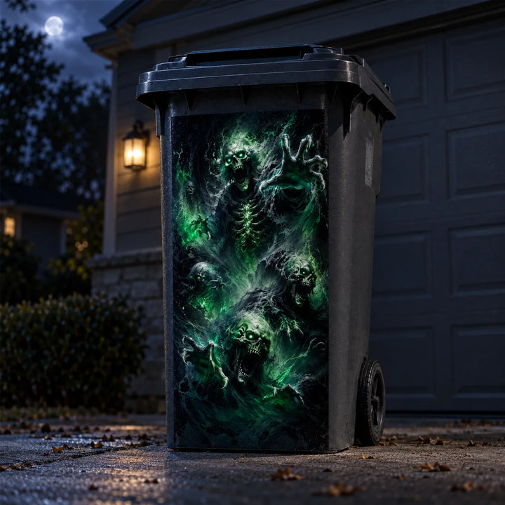 Grim reaper horror graphic sticker applied to an outdoor wheelie bin at night