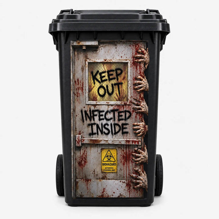 Infected keep out biohazard door design sticker on a standard waste bin