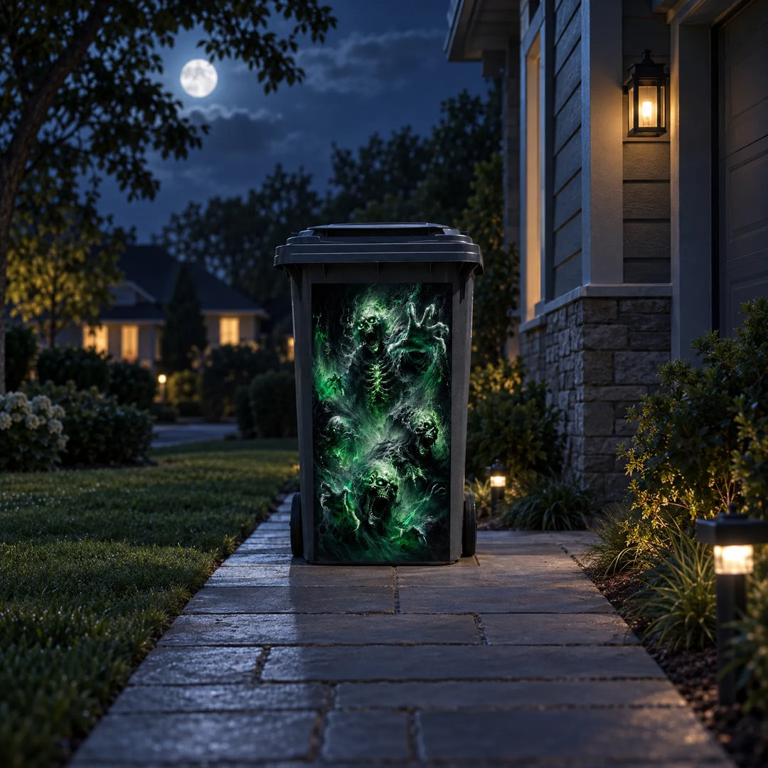 Spooky green ghost and skeleton graphics displayed on a bin for Halloween