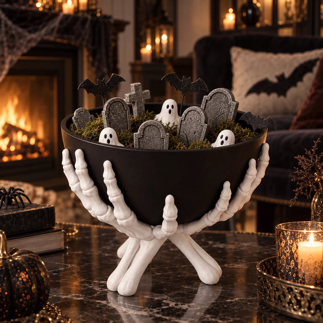 Skeleton hand Halloween candy bowl filled with spooky graveyard decor on a table