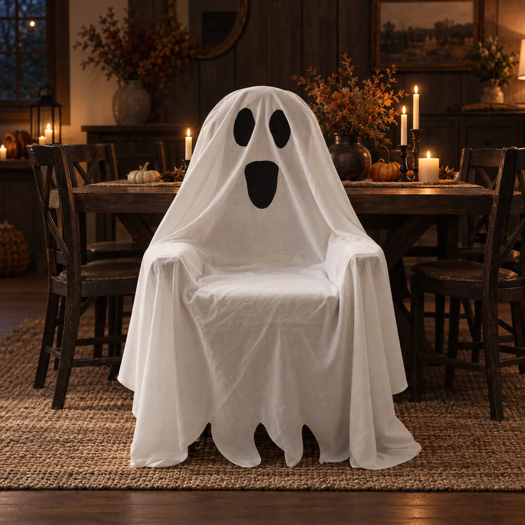Ghost dining chair cover set styled in a rustic dining room setup for Halloween