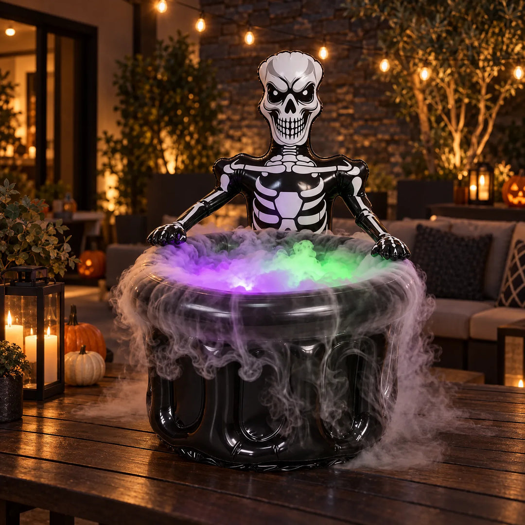 Inflatable skeleton Halloween drink cooler filled with glowing ice on a wooden patio table at night.