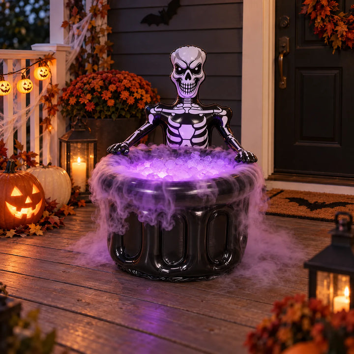 Inflatable skeleton drink cooler set up on a front porch decorated for Halloween with pumpkins.