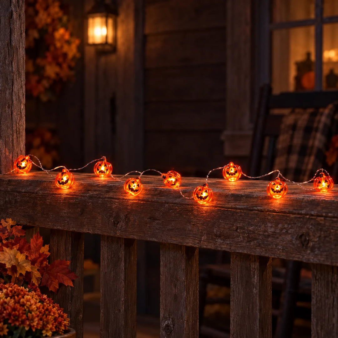 Illuminated pumpkin Halloween fairy lights displayed on a rustic wooden porch railing at night