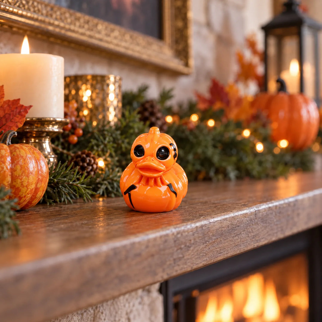 Halloween pumpkin figurine displayed on a mantelpiece with autumn leaves and candles
