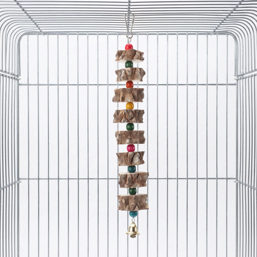 Hanging bird toy with wooden bark blocks and colorful beads inside a metal cage