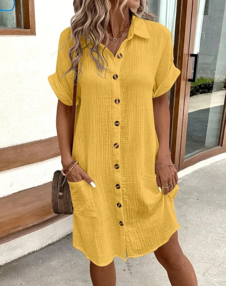 Casual button-down mini shirt dress with pockets in women's fashion style