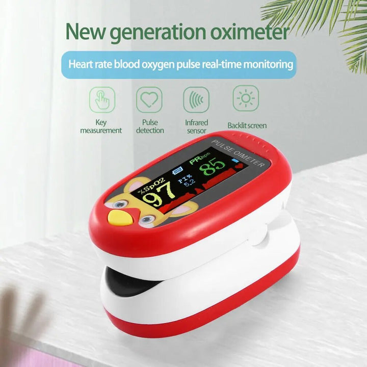 Kid-friendly pulse oximeter displayed with its storage pouch and lanyard
