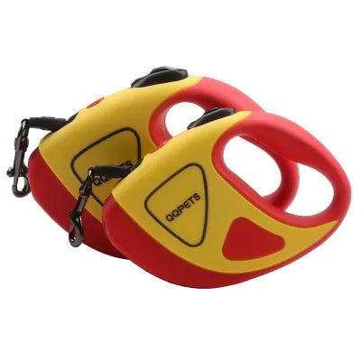 Two retractable LED dog leashes in red and yellow colorways