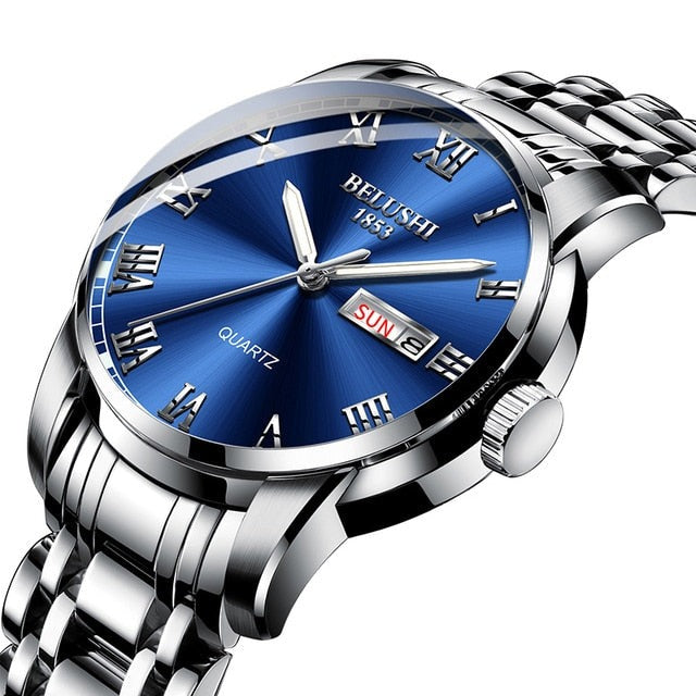 Side angle of men's luminous watch showing polished bezel and crown