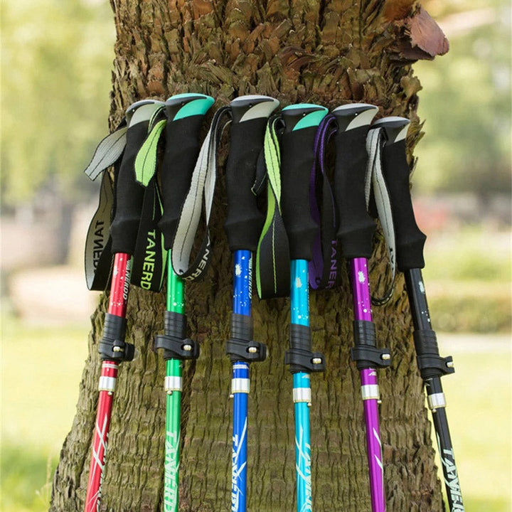Unisex adjustable folding trekking pole in a natural outdoor hiking setting