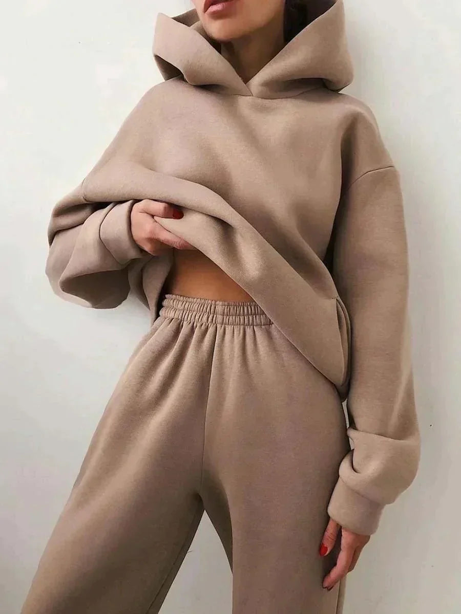 Side angle of the hoodie and sweatpants outfit displaying modern athleisure wear