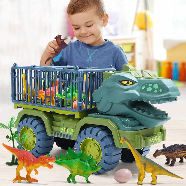 Young boy playing with dinosaur truck playset and figures