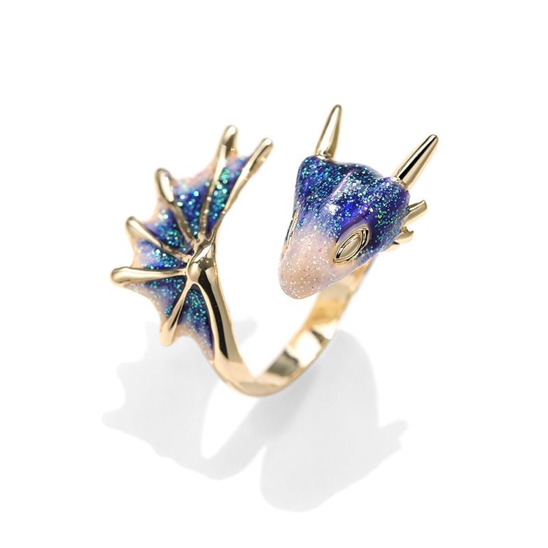 Hand-painted adjustable dragon ring showcasing colorful enamel wings and head
