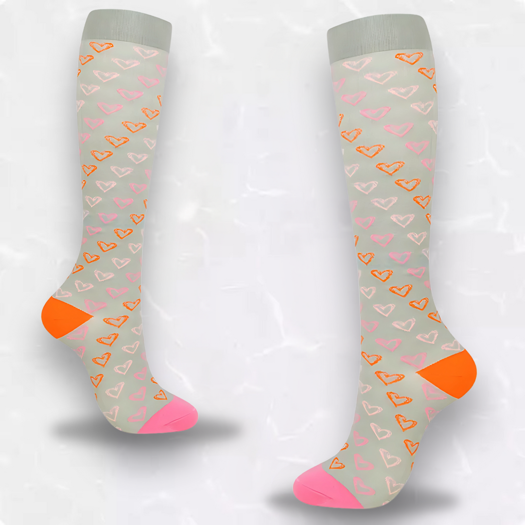 Striped compression socks designed to relieve tired aching legs