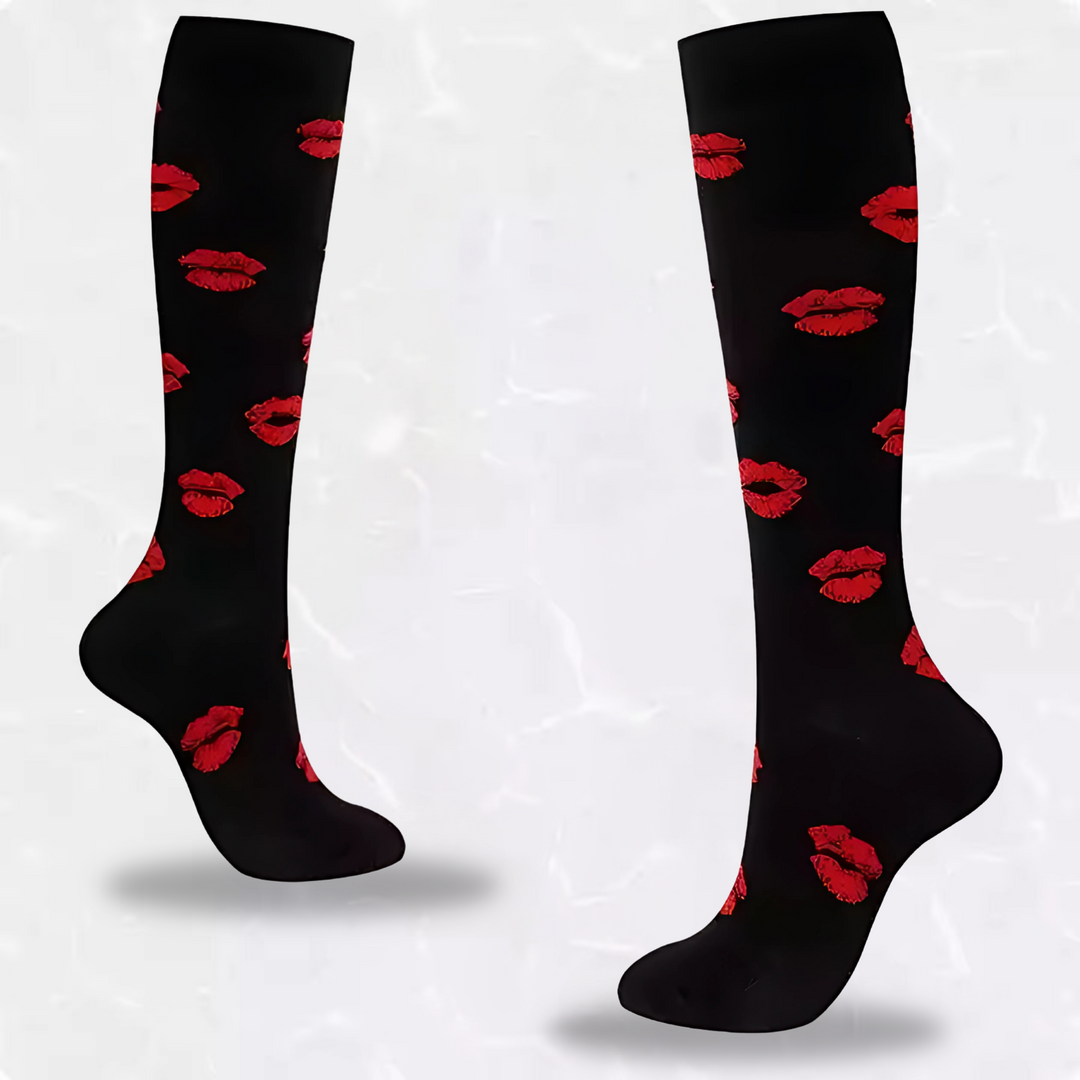 Traveler wearing compression socks on an airplane for leg circulation support