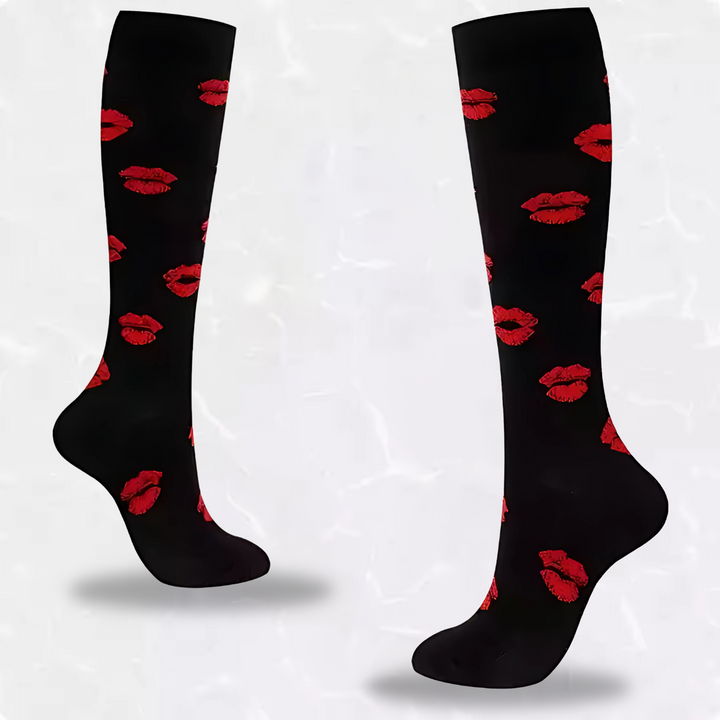 Traveler wearing compression socks on an airplane for leg circulation support