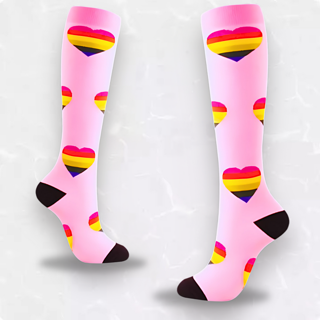Brightly colored compression socks for women who stand all day