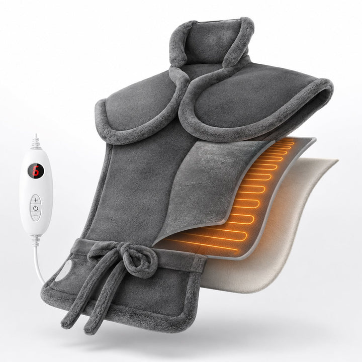 Gray heated back and neck wrap displayed with layered cutaway showing internal heating elements and controller