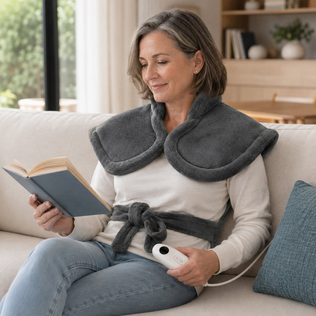 Woman sitting on a sofa wearing a gray heated neck and shoulder wrap while reading a book