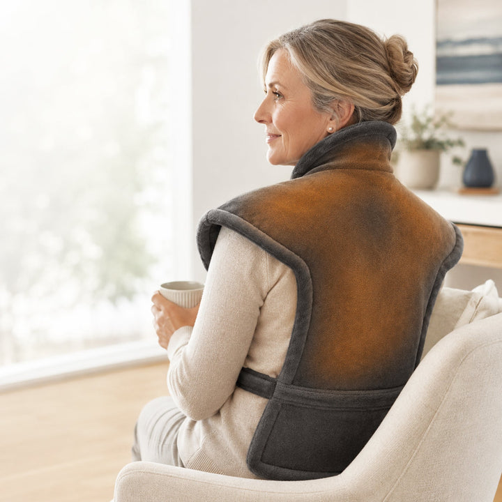 Woman relaxing on a chair with the heated shoulder wrap applied to her back and neck area