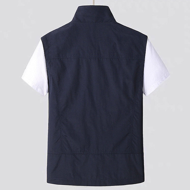 Close-up of durable zipper and fabric texture on mens activewear gilet for outdoor apparel