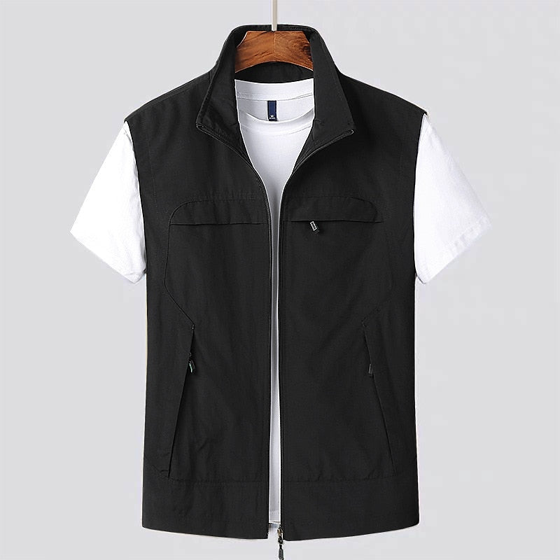 Men's black water-repellent zip utility vest front view