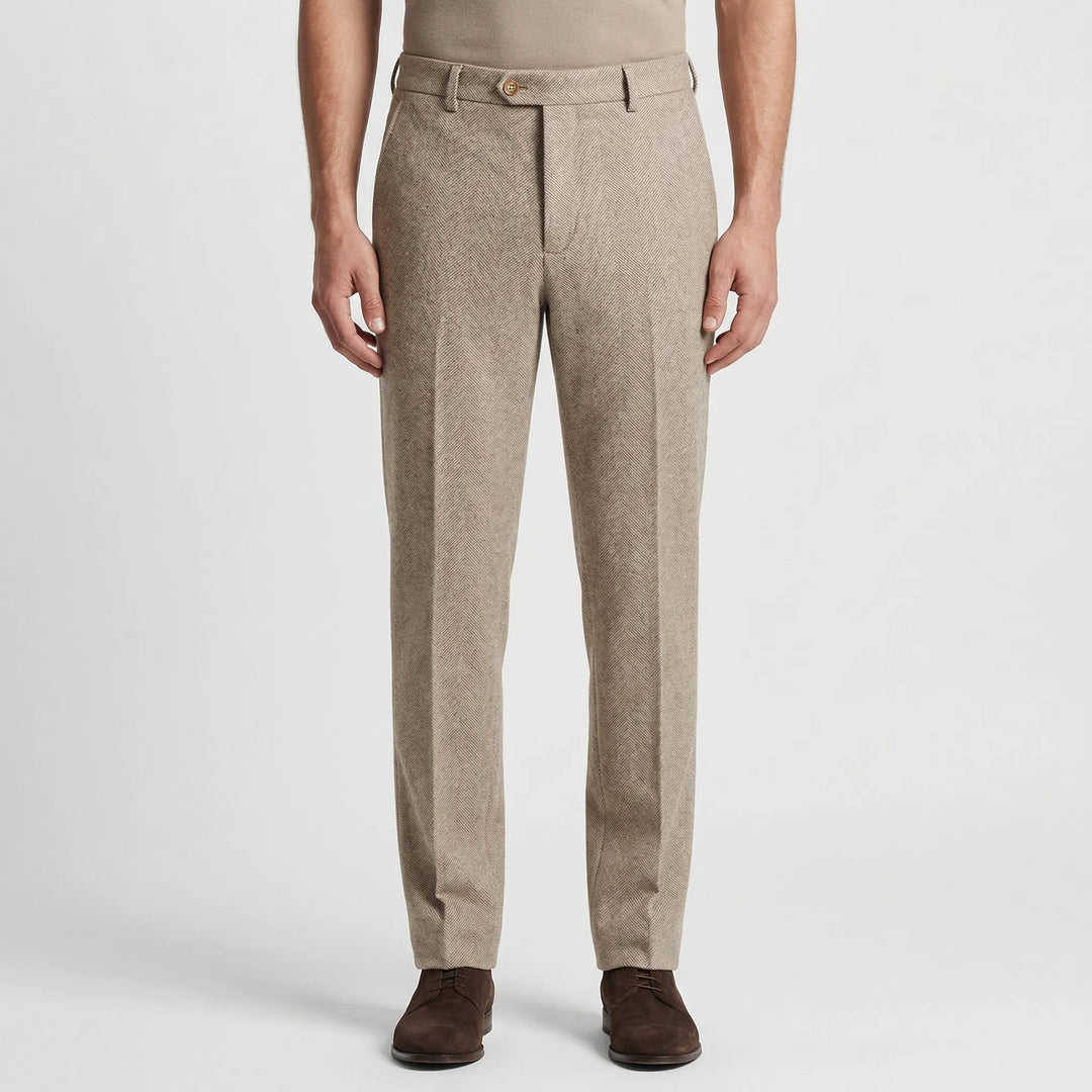 Men's formal stretch trousers in classic herringbone pattern viewed from the back