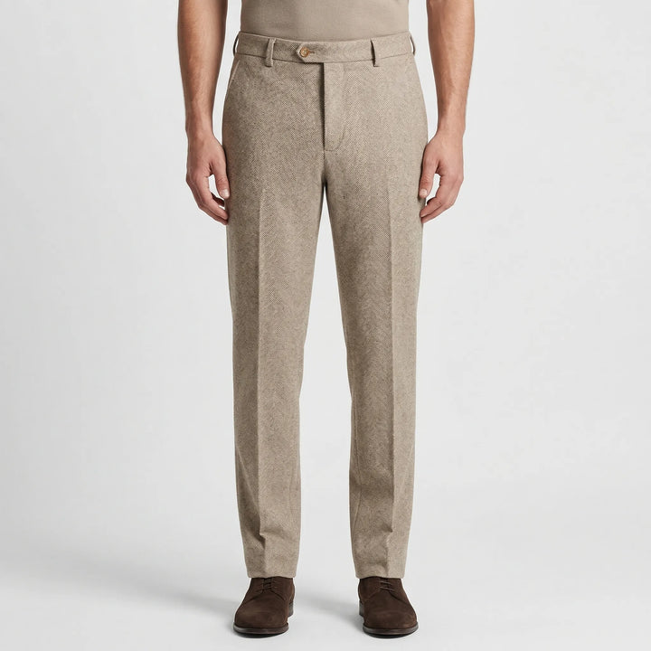 Men's formal stretch trousers in classic herringbone pattern viewed from the back