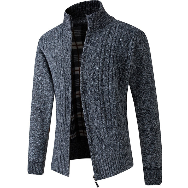 Lifestyle view of man wearing warm lined knitted zip-up cardigan