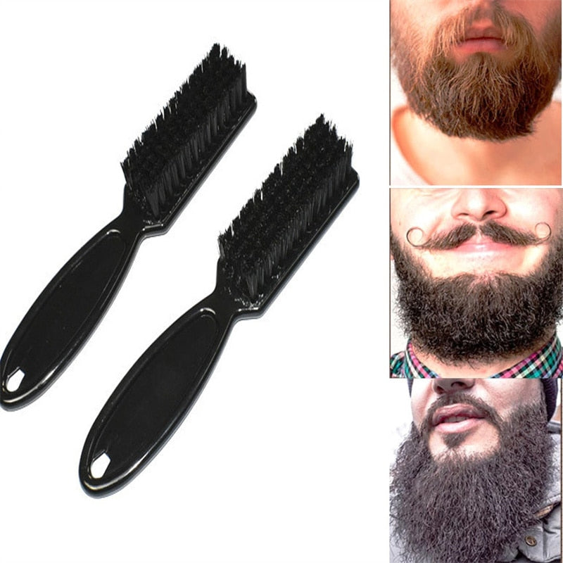 Men's grooming brushes shown alongside close-up shots of well-styled beards