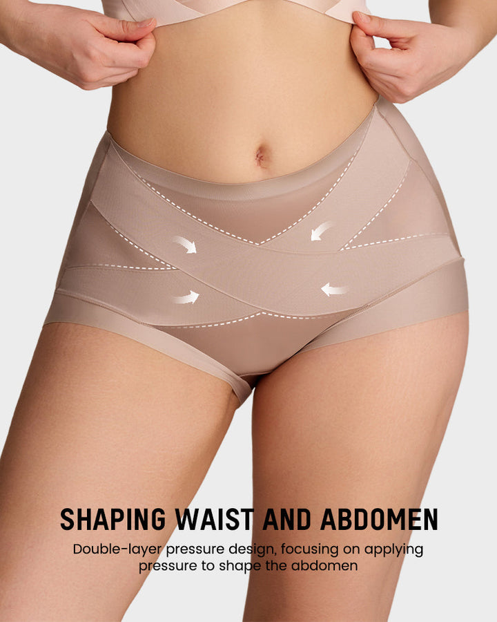 Woman wearing high-waist shaping panties showing tummy control design