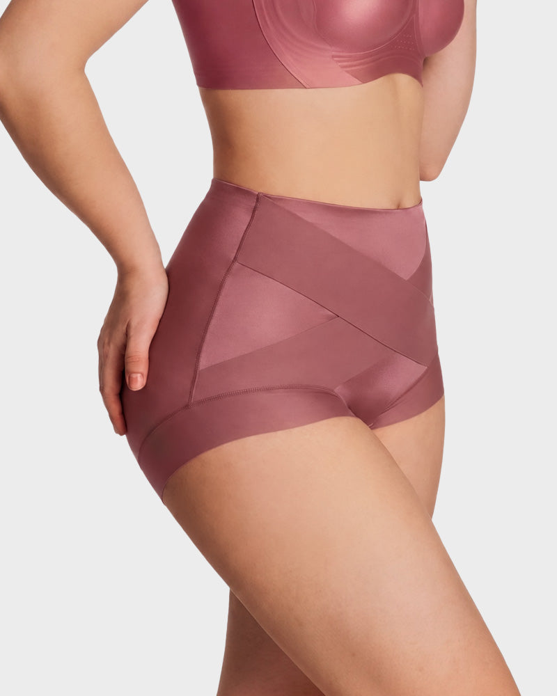 Flat lay of multiple high waist shaping panties in various colors