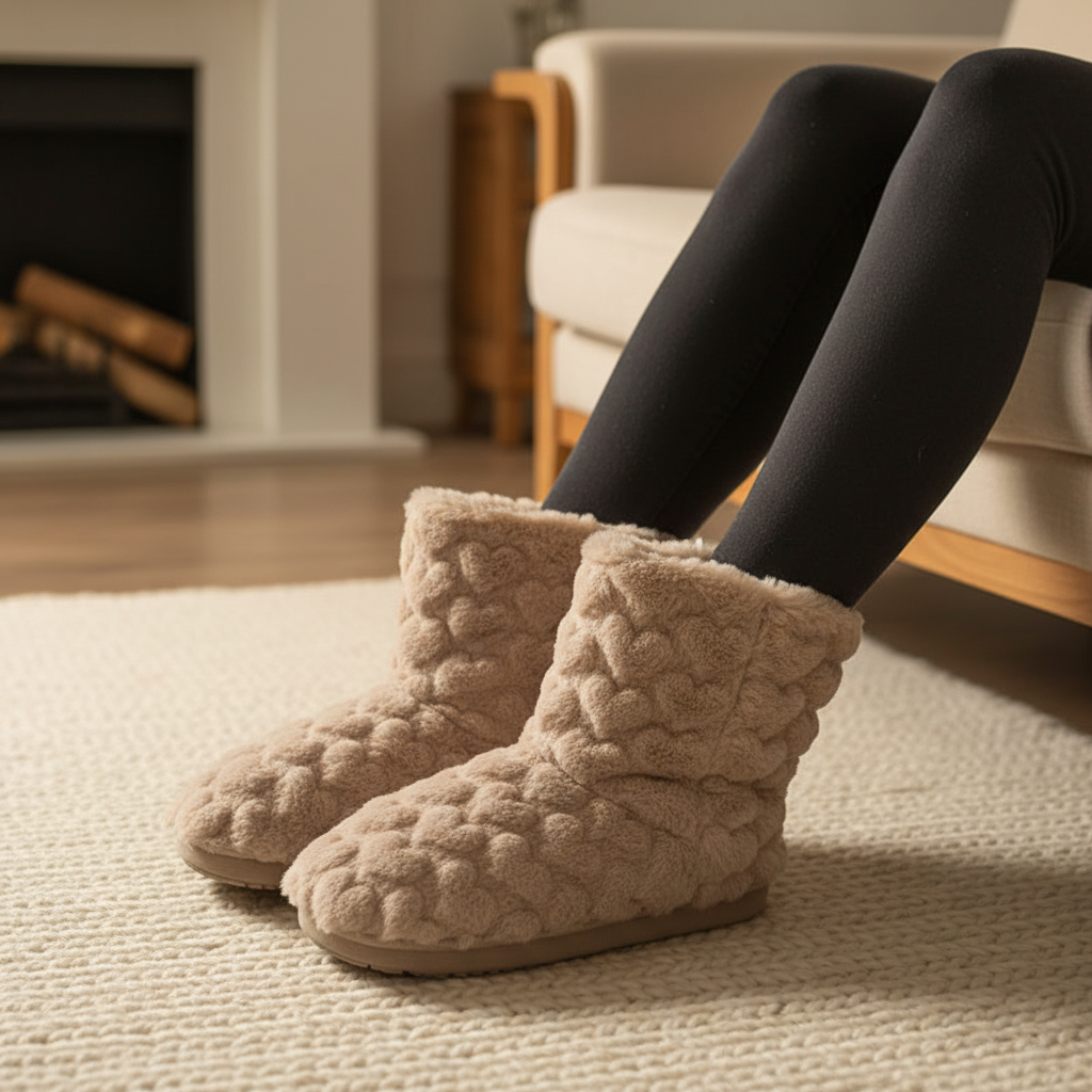 Woman wearing fluffy warm beige indoor slipper boots sitting on a couch